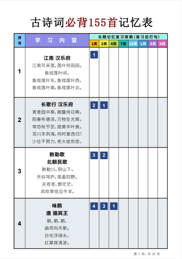 中小学155首必背古诗词艾宾浩斯记忆表[PDF]-影音屋